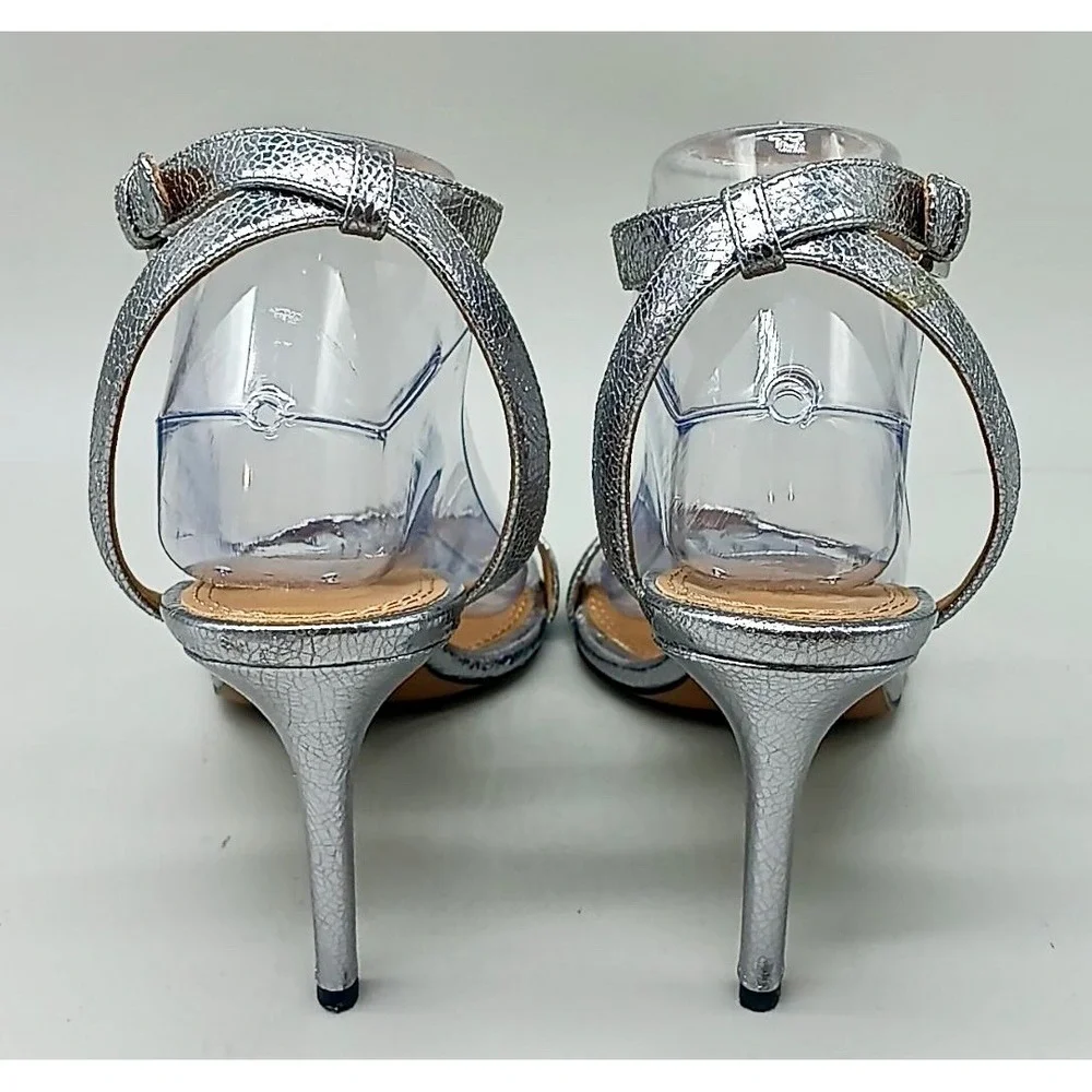 Tory Burch Metallic Silver Leather Ankle Strap Heels Sandals Size 9 Stiletto